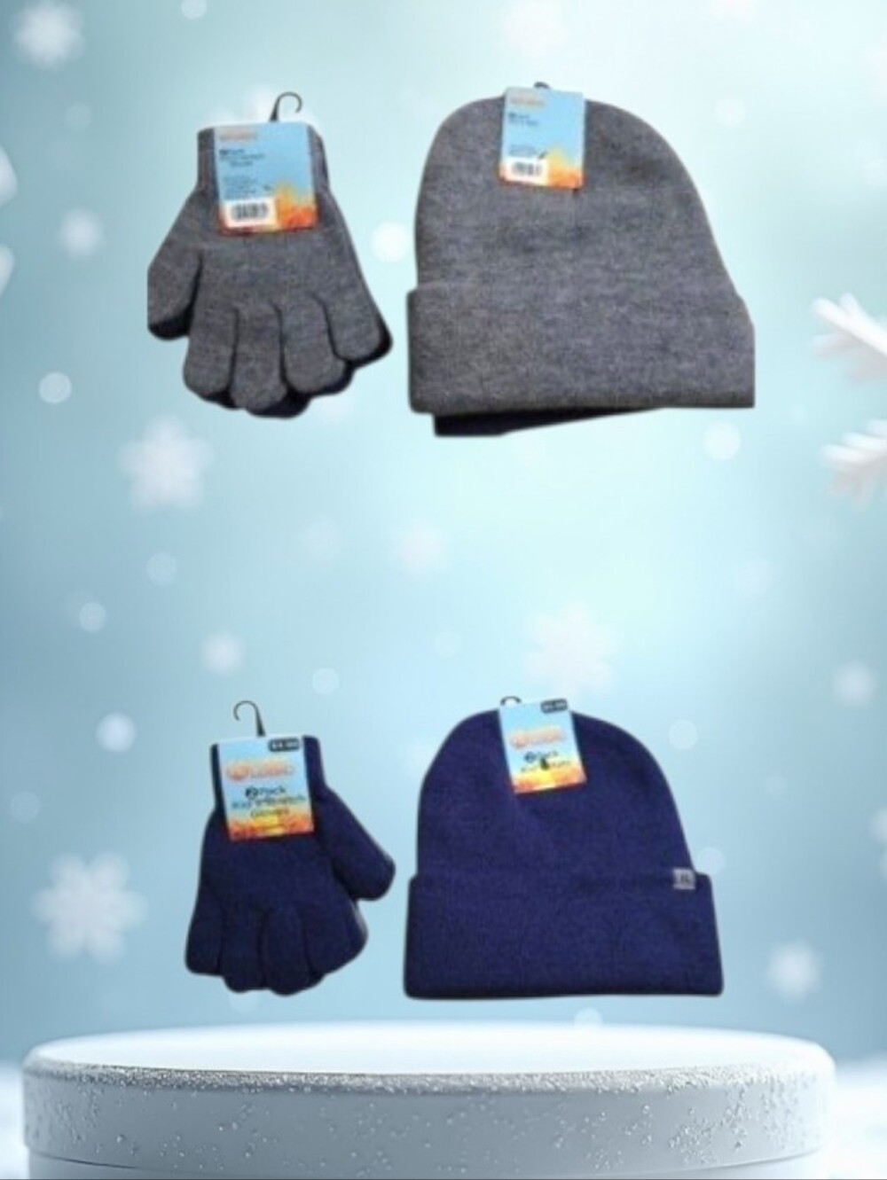 #hL01 Kids Winter Hat and Glove Set - Navy and Gray 2 Pairs.